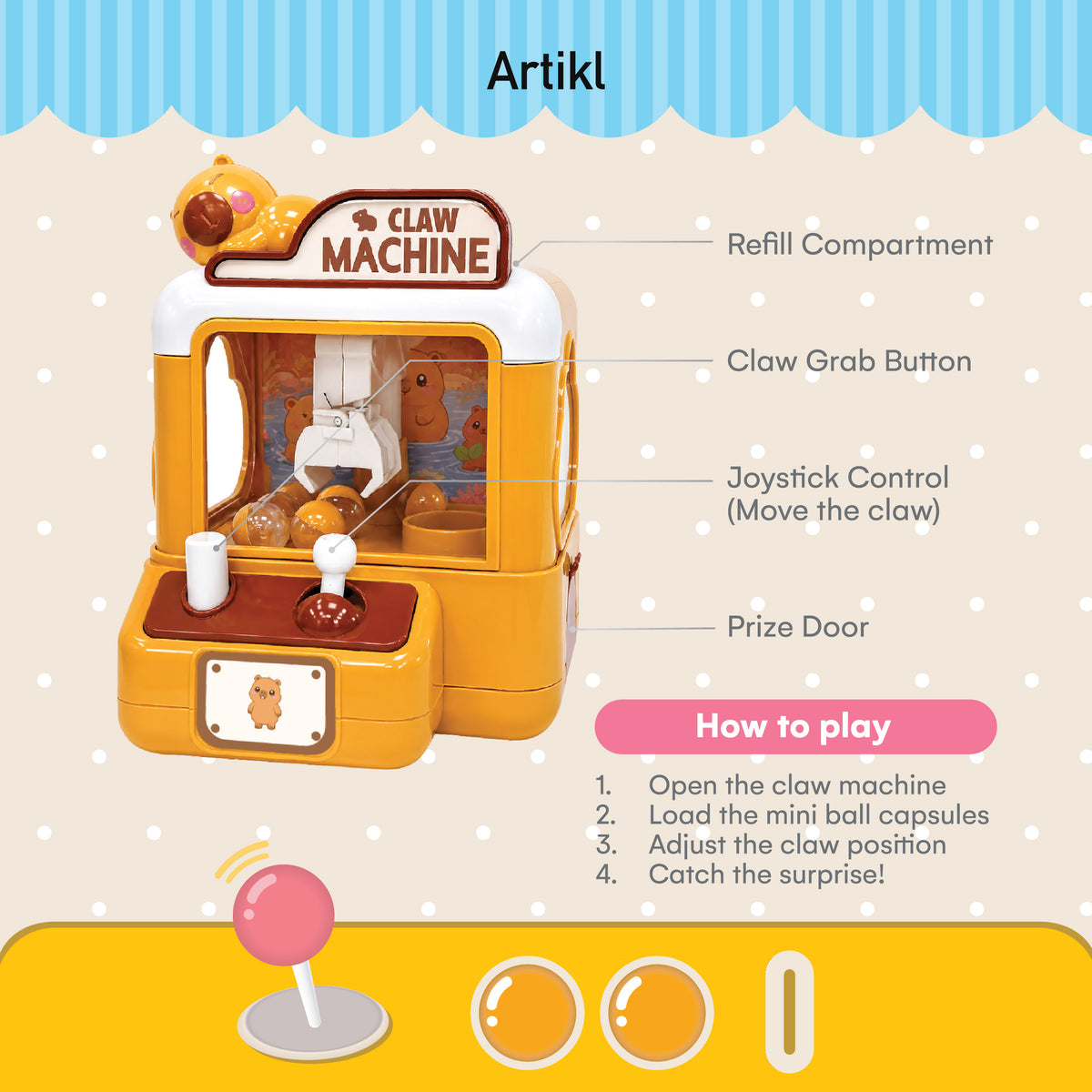 Mini Claw Machine Blind Box feature guide featuring the claw, grab button, joystick control and step-by-step how-to-play instructions