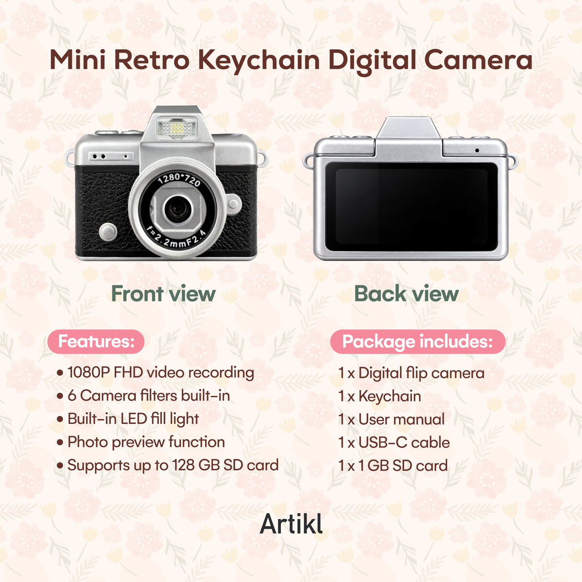 Mini Retro Keychain Digital Camera Charm with Foldable Selfie Screen & 1GB SD Card