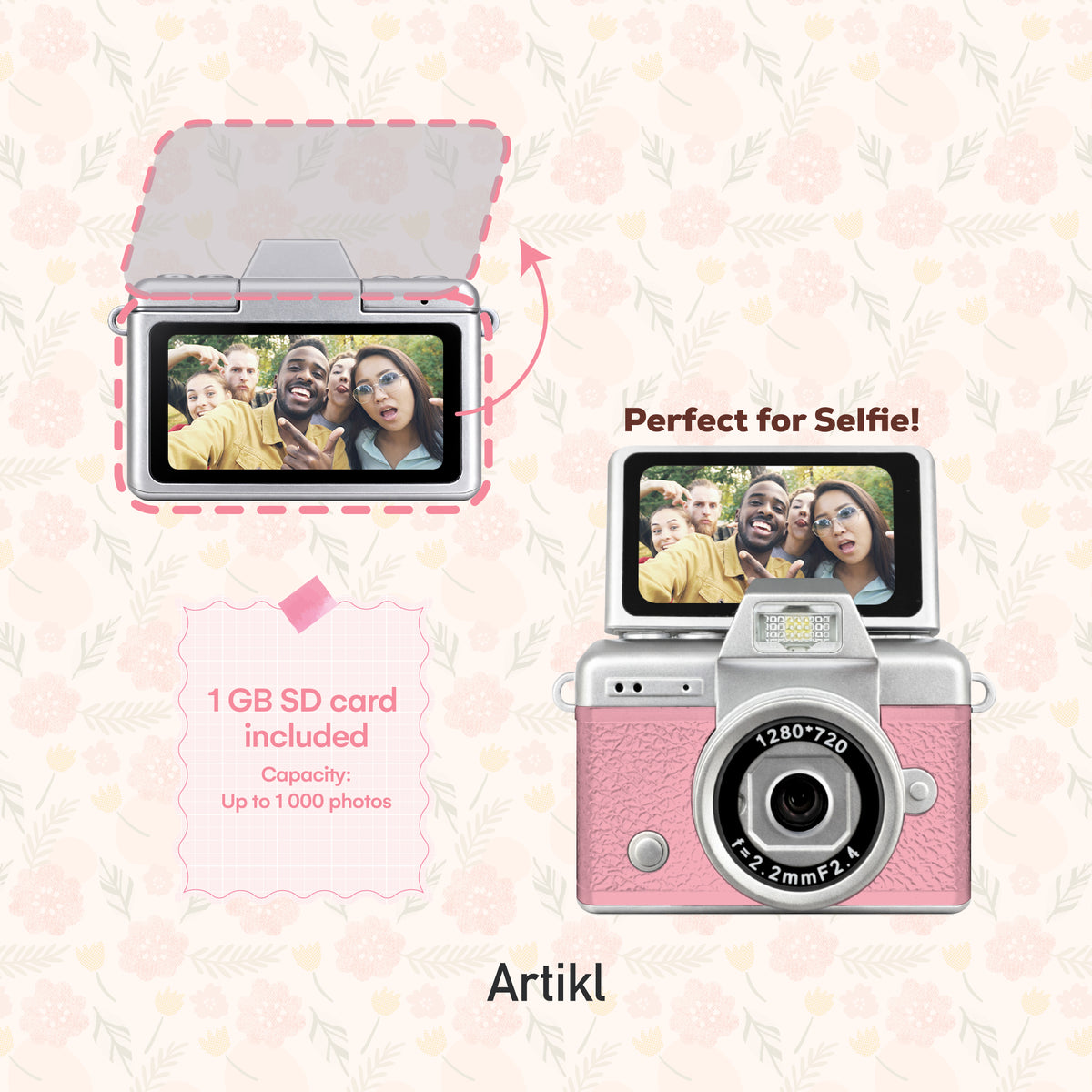 Mini Retro Keychain Digital Camera Charm with Foldable Selfie Screen & 1GB SD Card