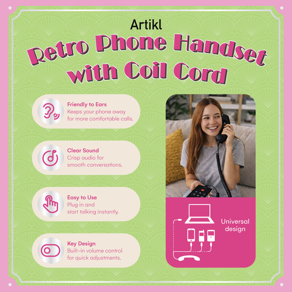 USB-C Retro Phone Handset feature guide featuring retro handset design, clear call sound, USB-C plug-and-play connection, and built-in volume control