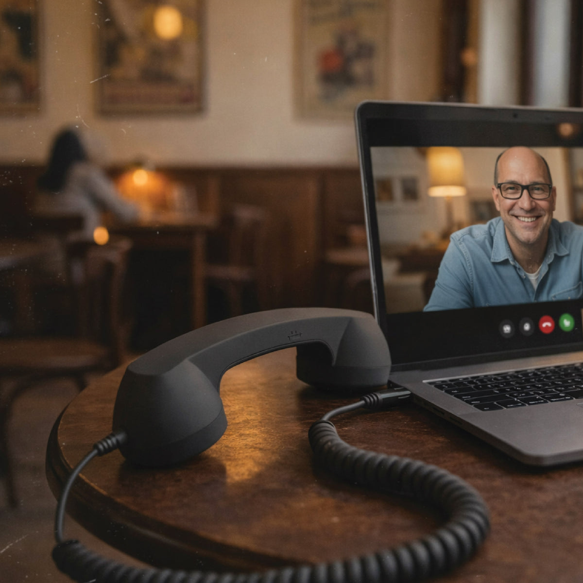 Black USB-C retro phone handset on a desk in front of a laptop video call, highlighting retro-style calls for remote work and video chats