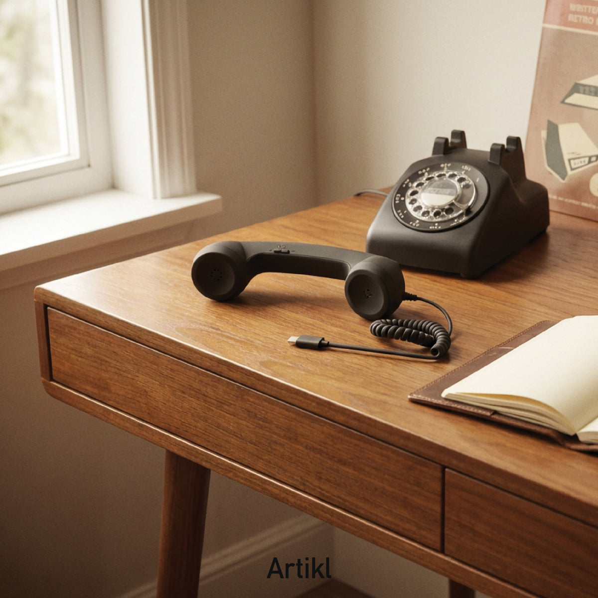 Black USB-C retro phone handset resting beside a vintage rotary phone on a wooden desk, highlighting nostalgic desk decor for a home office