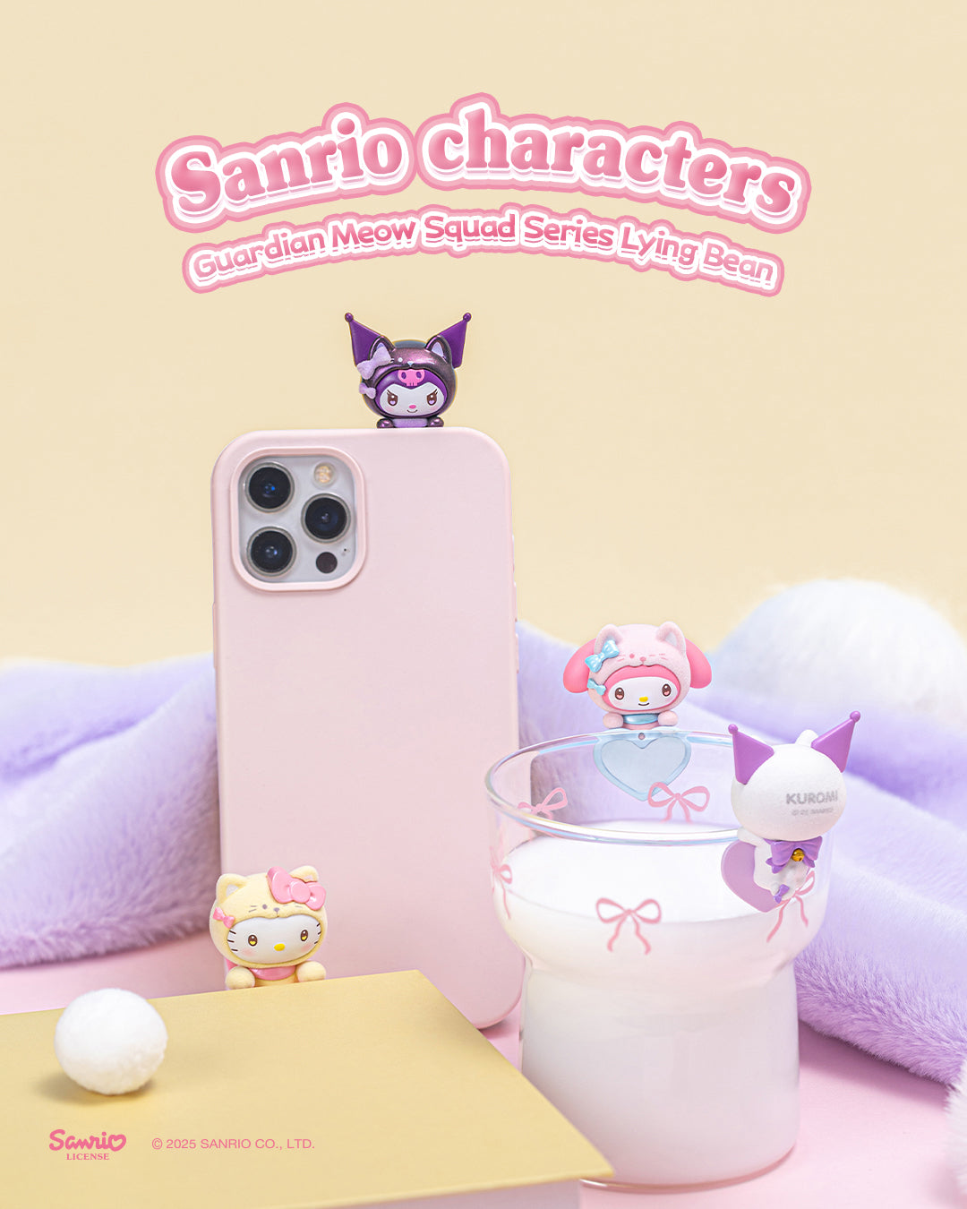 Sanrio Guardian Meow Squad Peek-A-Pals displayed on a phone and cup
