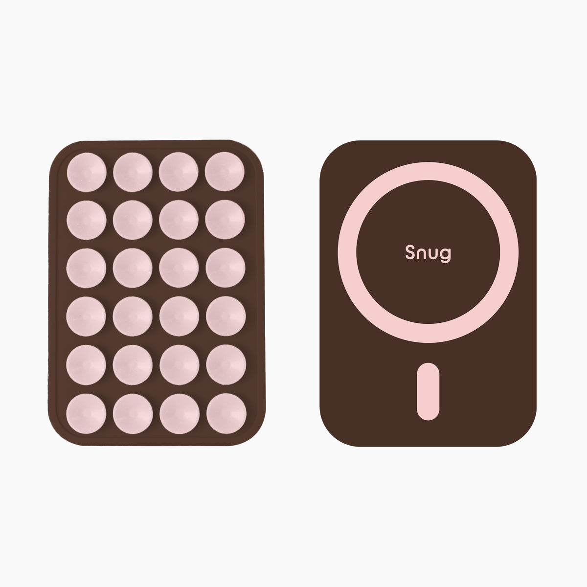 Snug SnugMag Bi-colour Magnetic Suction Cup Phone Mount in Chocolate Brown & Cherry Blossom, front and back view showing the suction cups and magnetic MagSafe ring