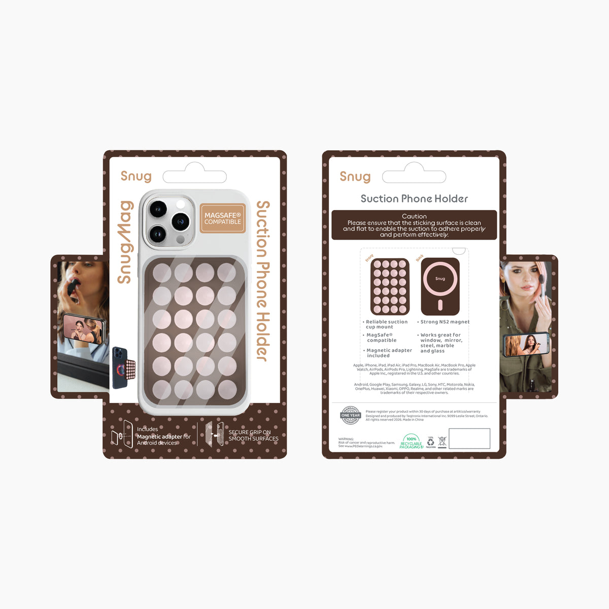 Snug SnugMag Bi-colour suction phone holder packaging, front and back view showing the product, features and hands-free use scenes