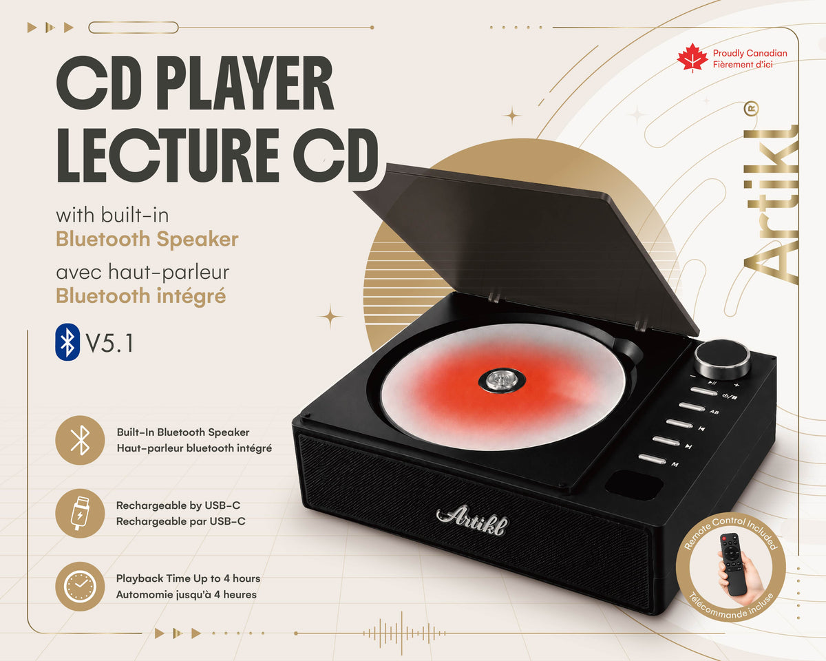 Artikl Portable Bluetooth CD Player feature guide in Black featuring a built-in Bluetooth speaker, CD playback, and remote control