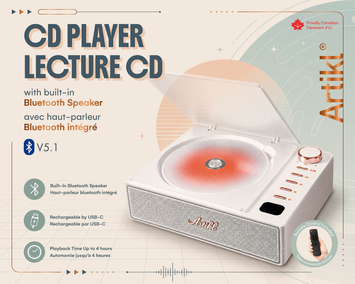 Artikl Portable Bluetooth CD Player feature guide in White featuring a built-in Bluetooth speaker, CD playback, and remote control
