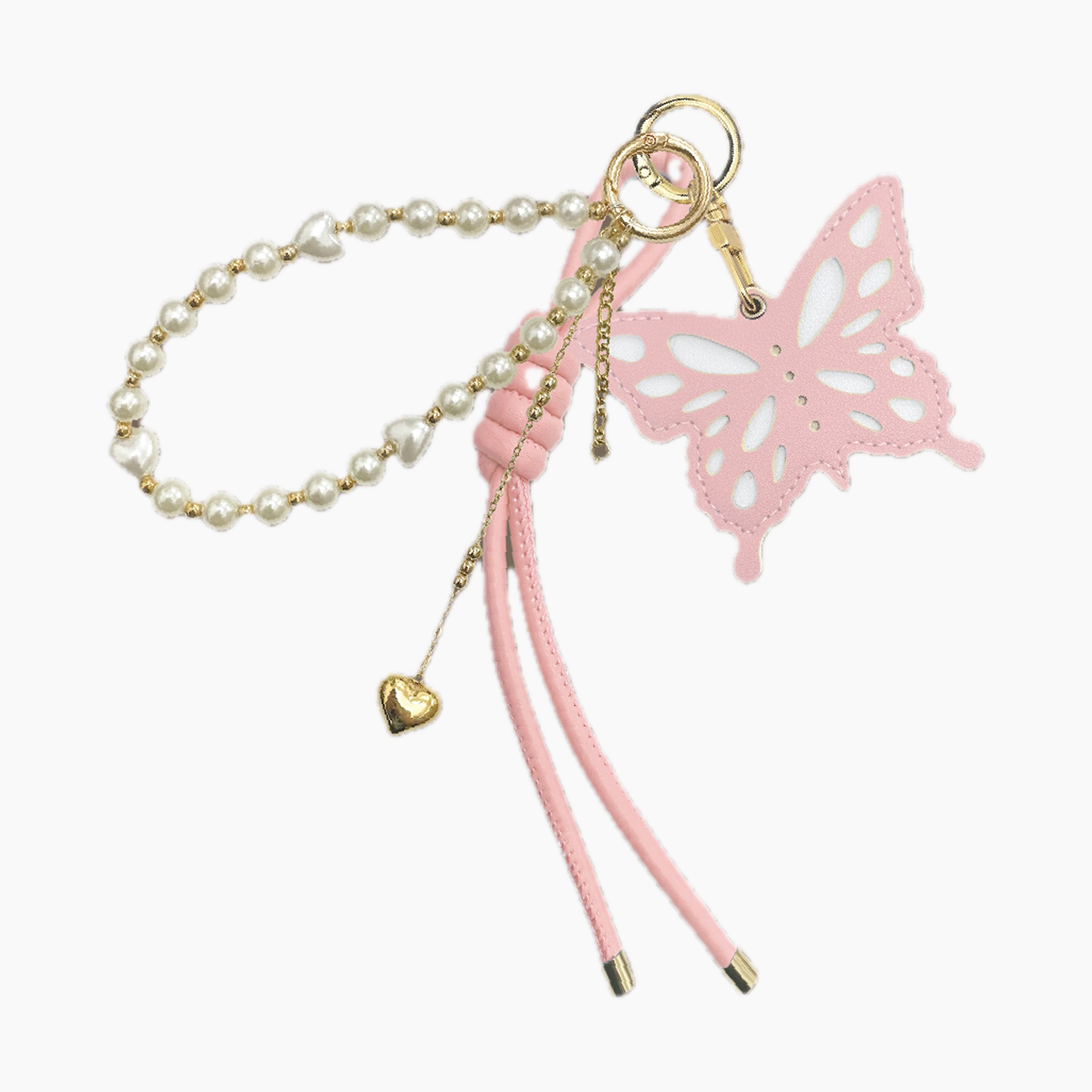 Pink butterfly phone charm keychain with pearl wrist strap, heart charms, and gold accents