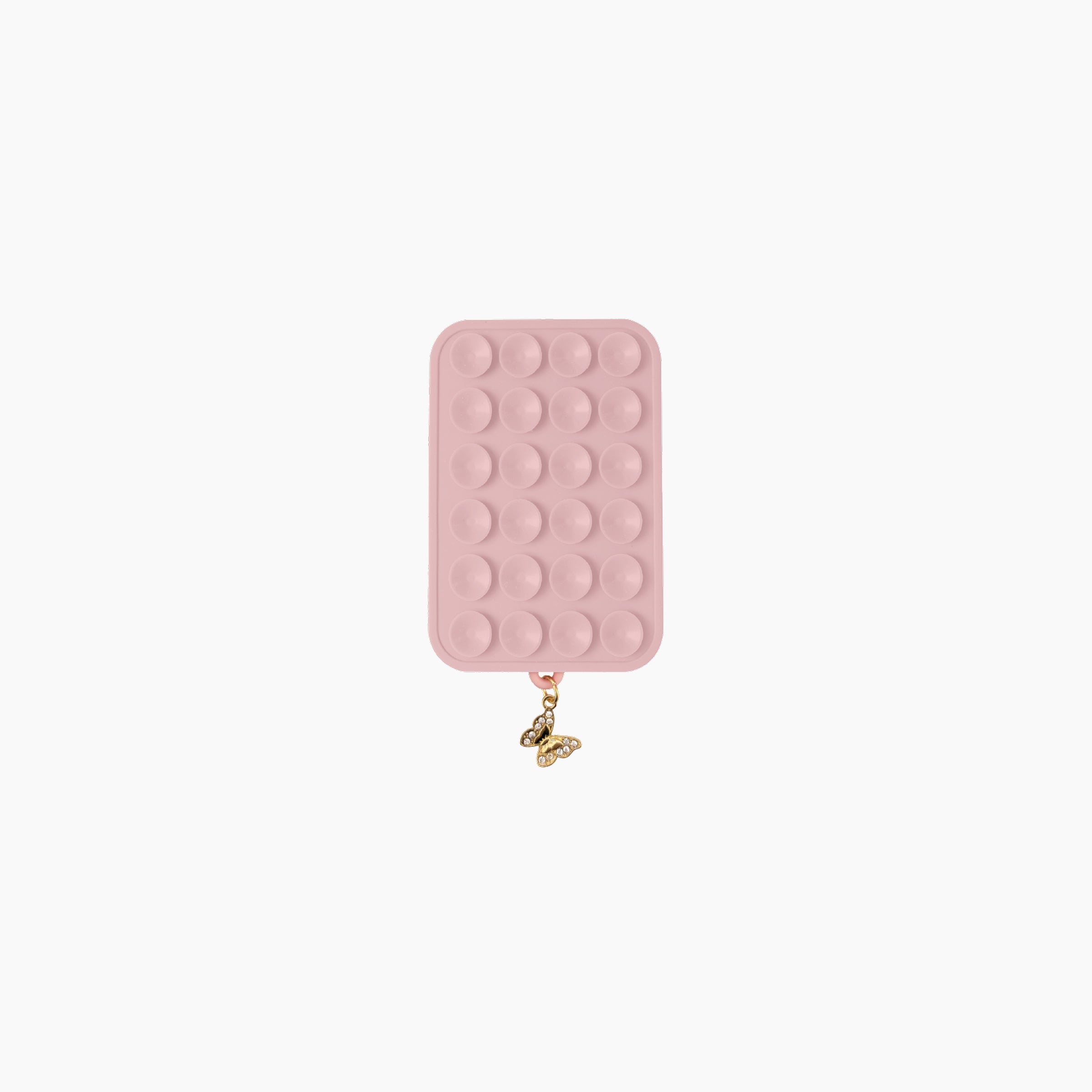 Pink suction phone grip pad with butterfly charm and reusable suction cup design
