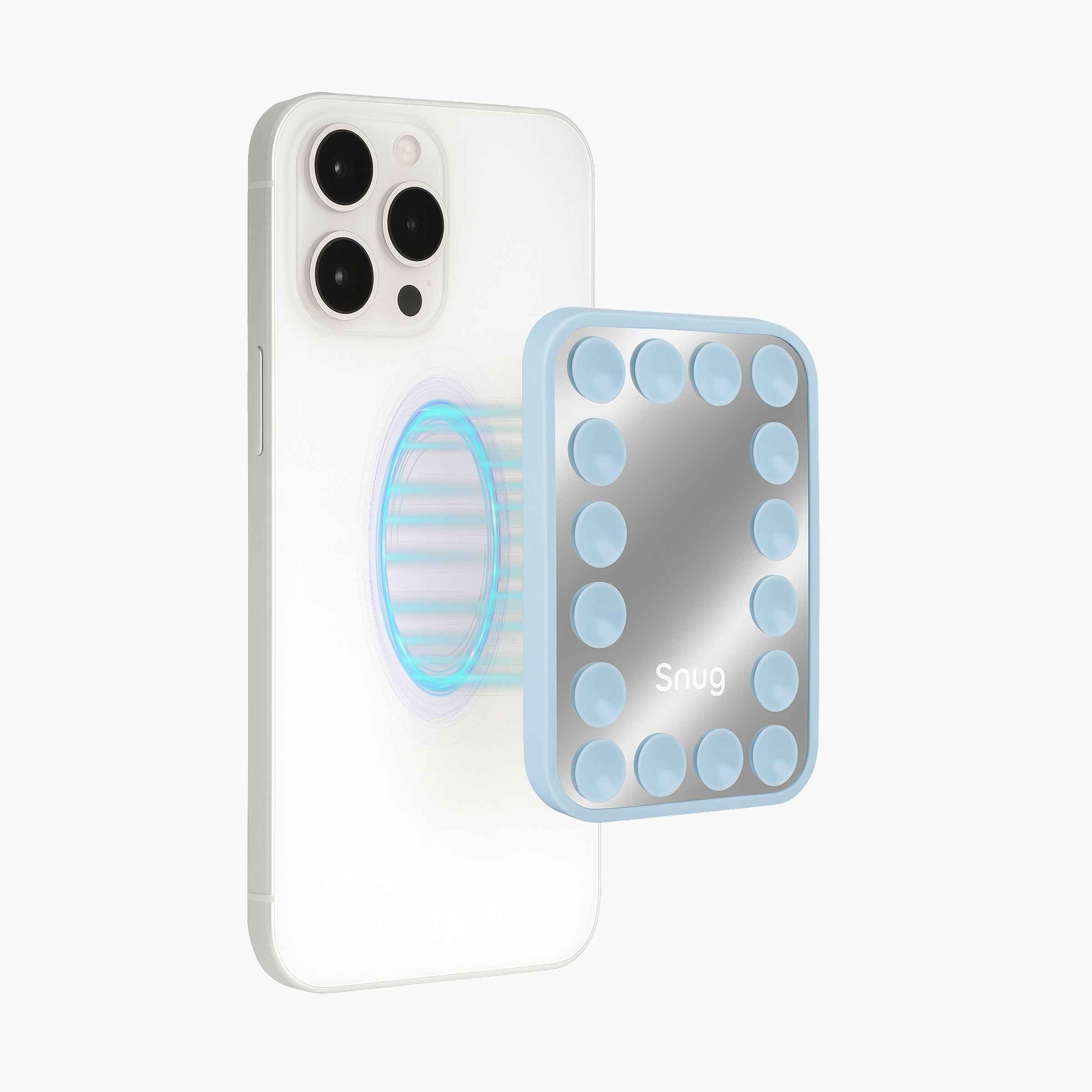 Magnetic suction phone mirror grip attached to smartphone with reusable suction pad design