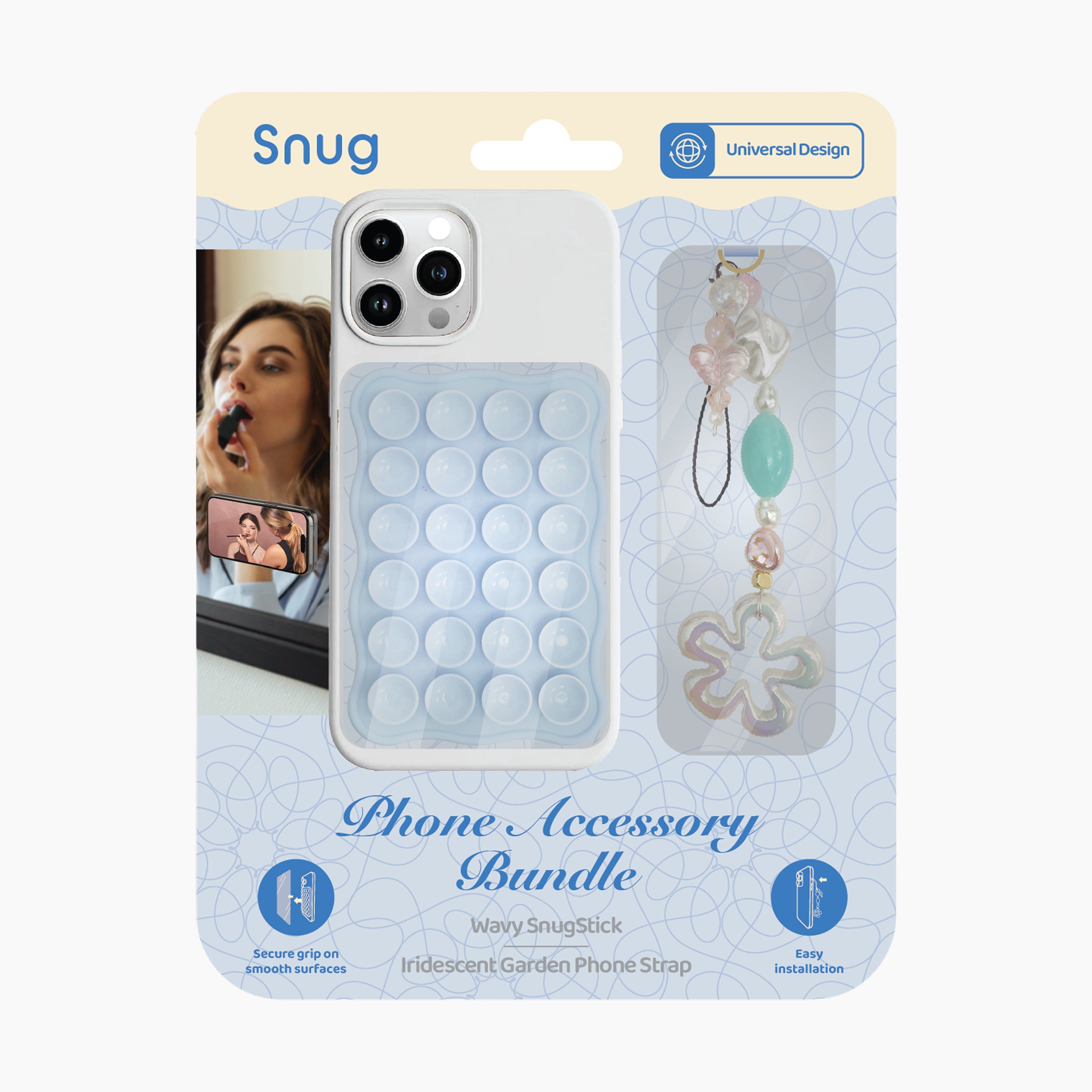 Snug phone accessory bundle packaging with phone case and strap on a white background