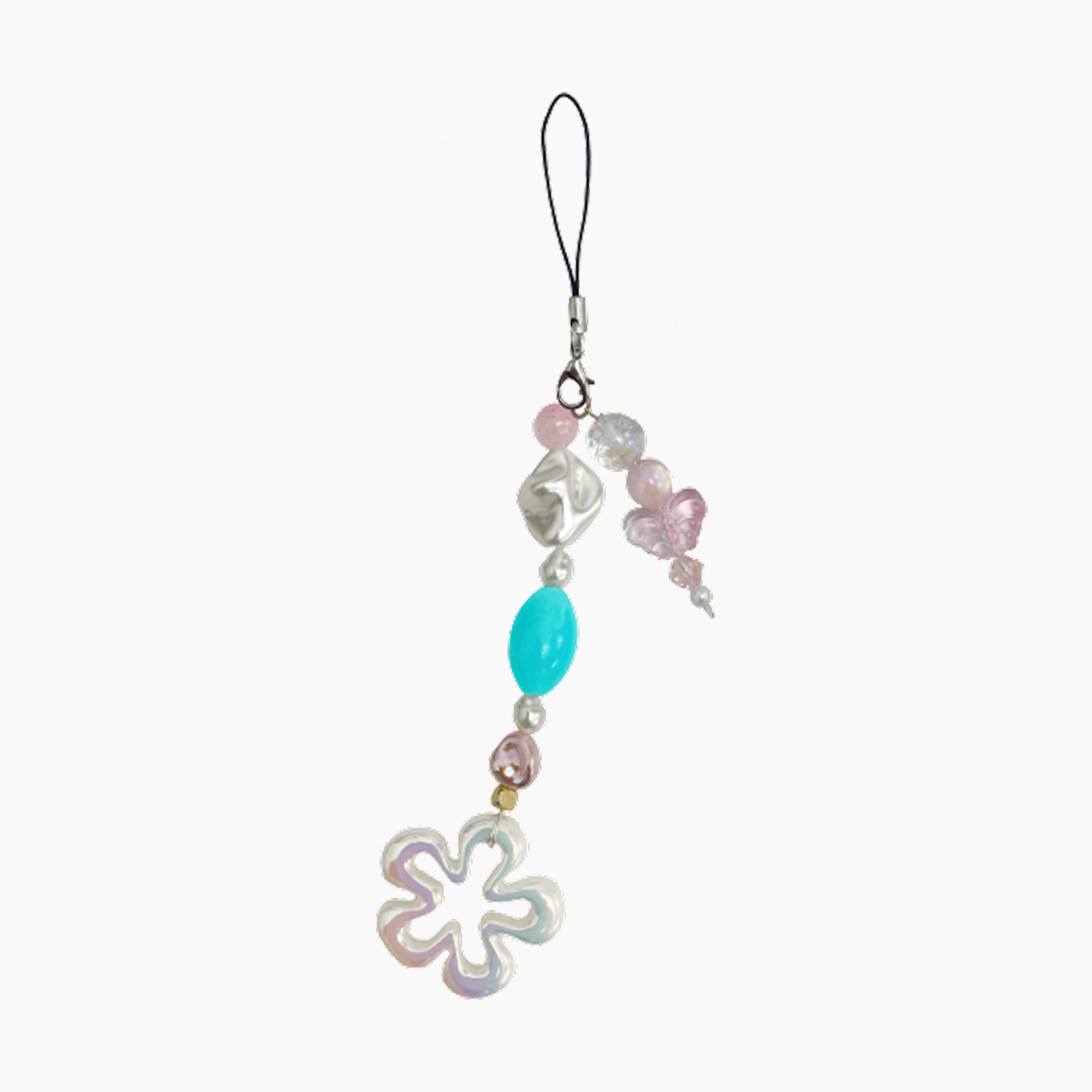 Phone charm with floral design and colorful beads on a white background